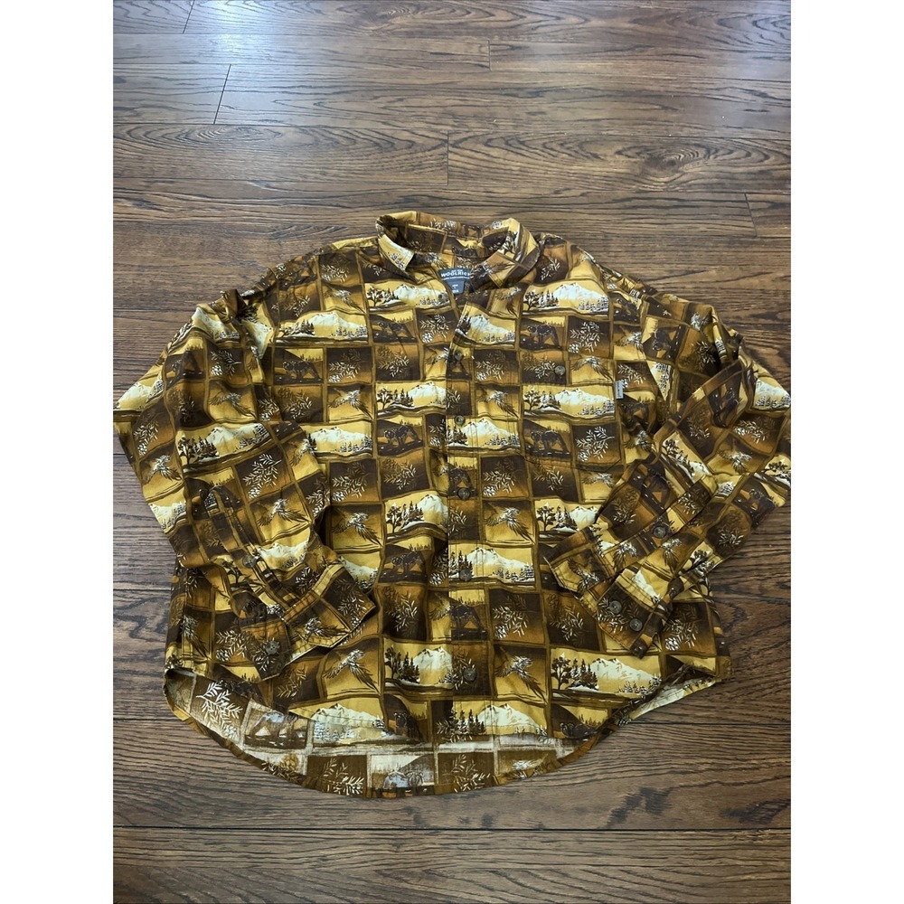 VINTAGE Woolrich Shirt Mens L Orange Bear Hawk All Over Print Button Up Outdoor